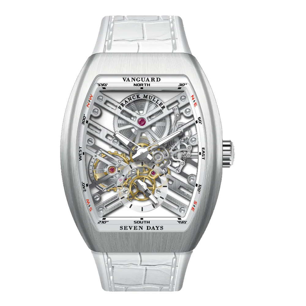V41 Vanguard Seven Days Skeleton Brushed Stainless Steel - White