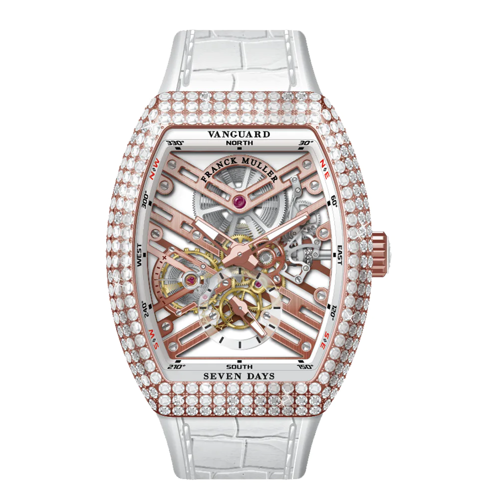 V41 Vanguard Skeleton Seven Days Rose Gold White Diamonds Case - White