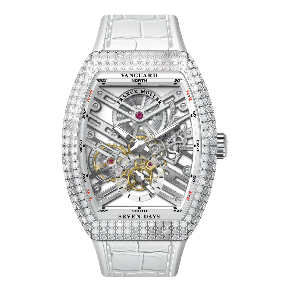 V41 Vanguard Skeleton Seven Days Stainless Steel White Diamonds Case - White