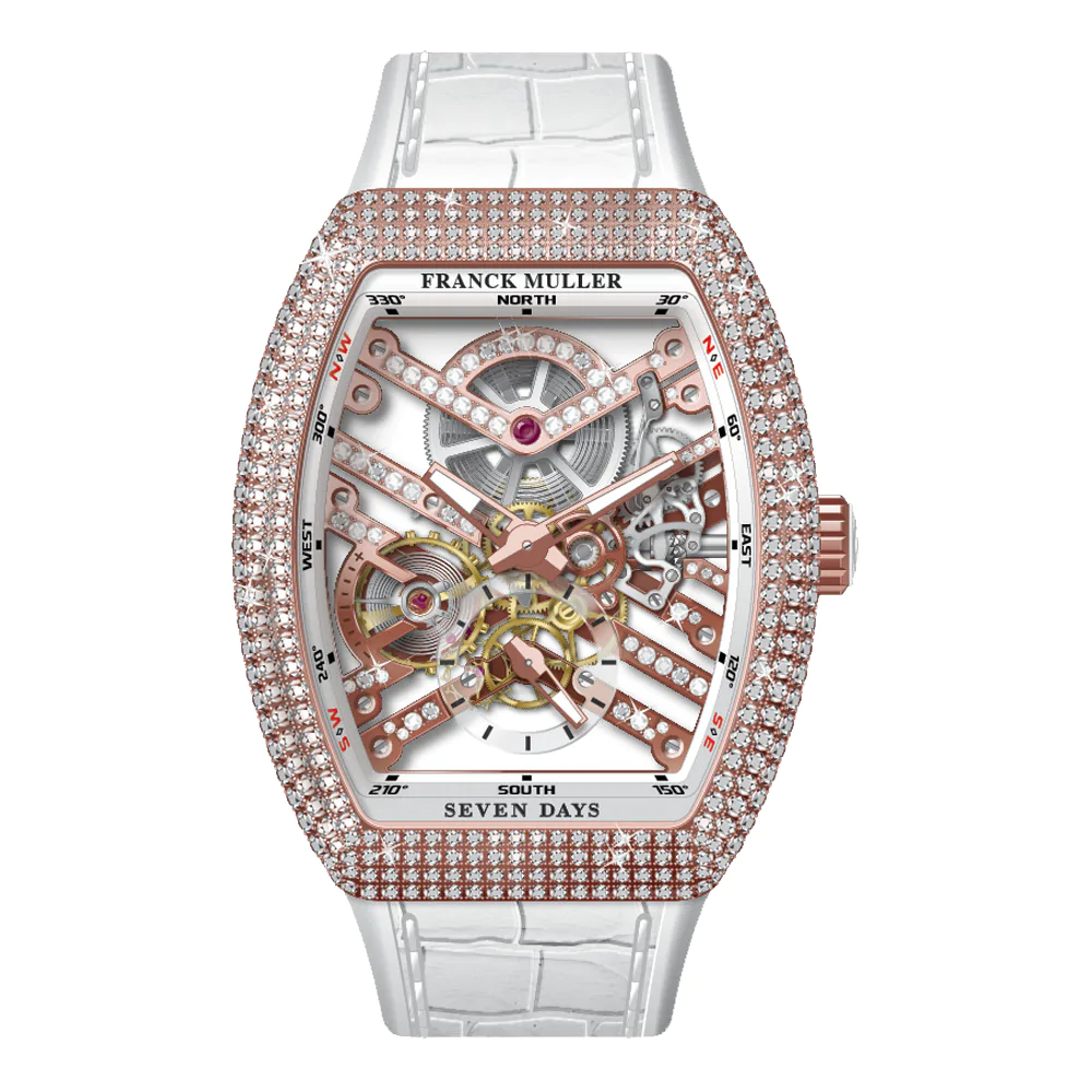 V41 Vanguard Skeleton Seven Days Rose Gold Full Diamonds - White