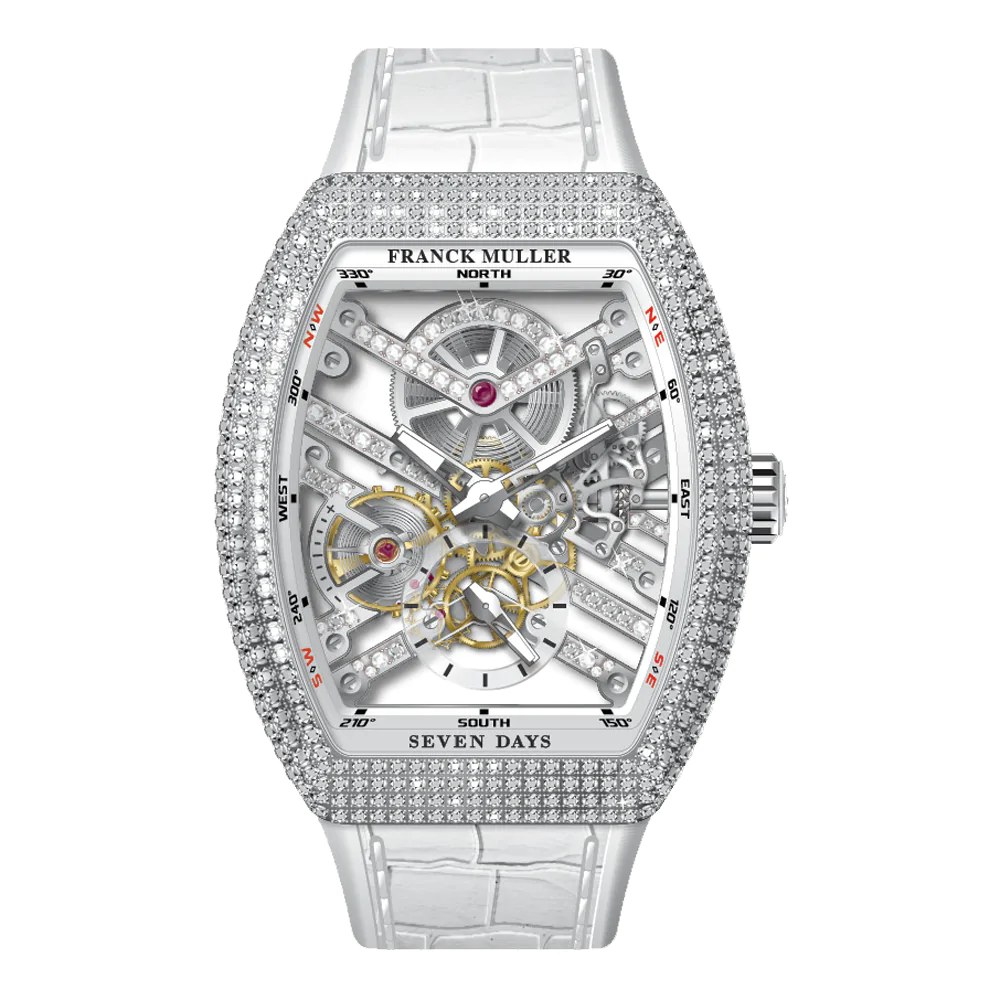 V41 Vanguard Skeleton Seven Days Stainless Steel Full Diamonds - White