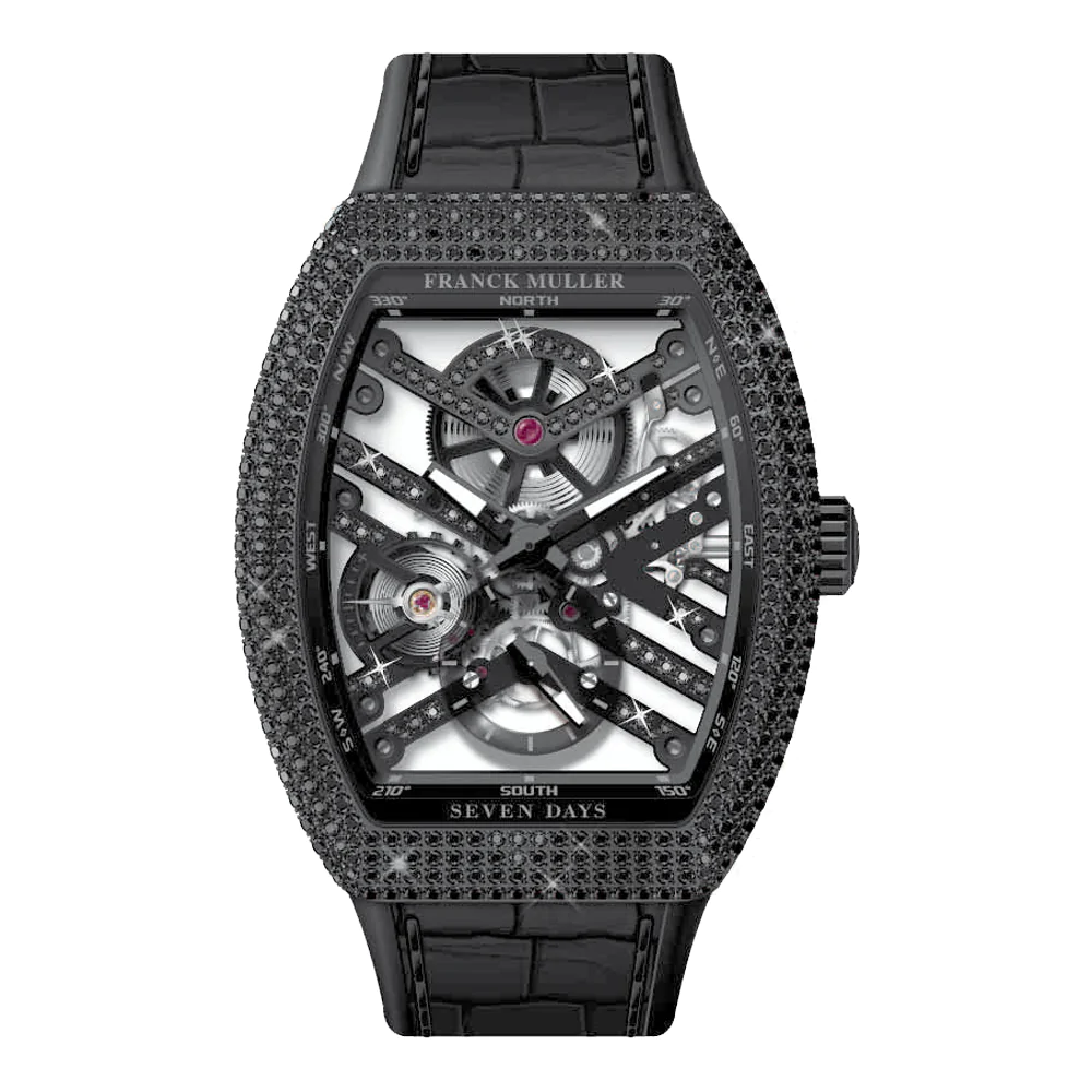 V41 Vanguard Skeleton Seven Days Stainless Steel Full Black Diamonds