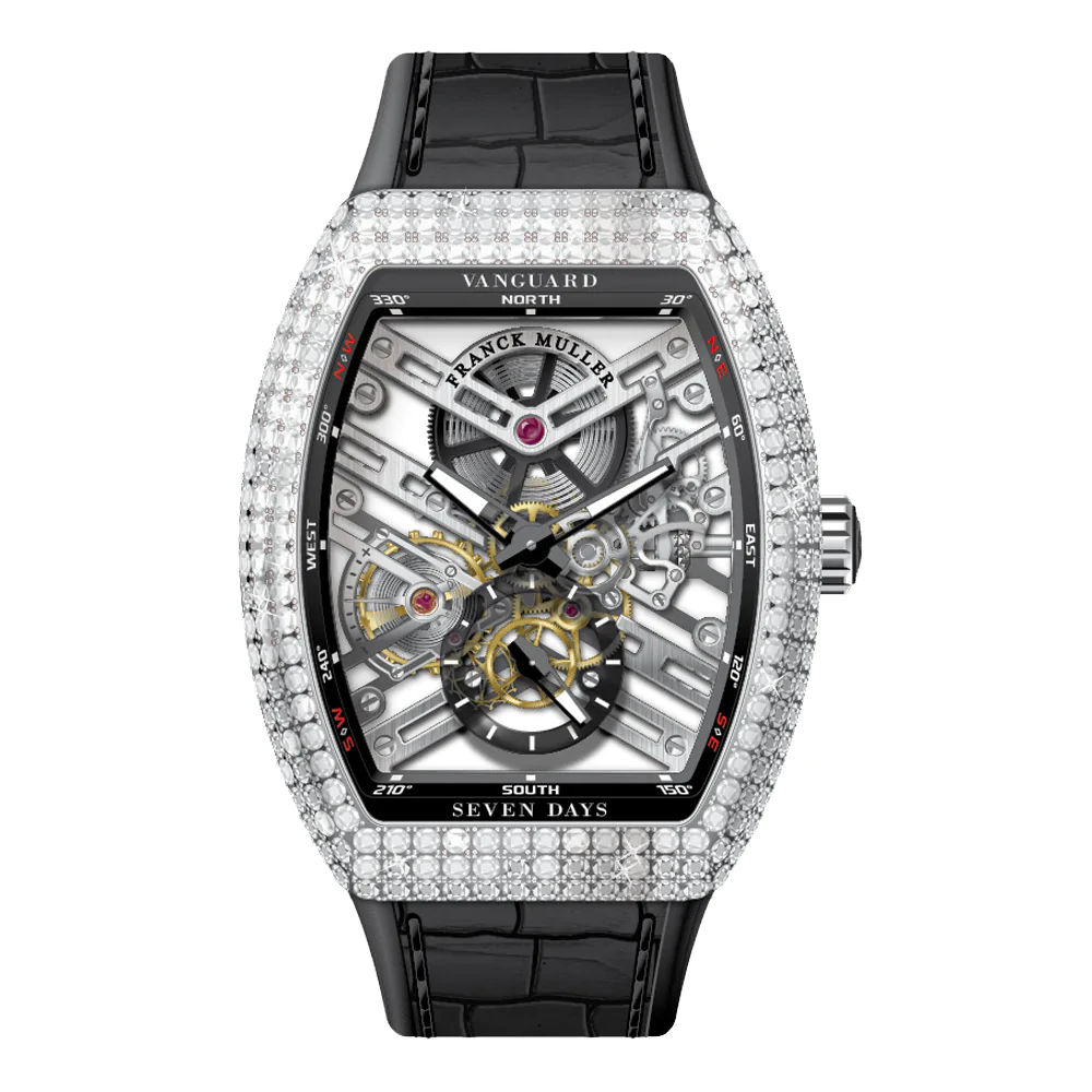 V41 Vanguard Skeleton Seven Days Stainless Steel White Diamonds Case