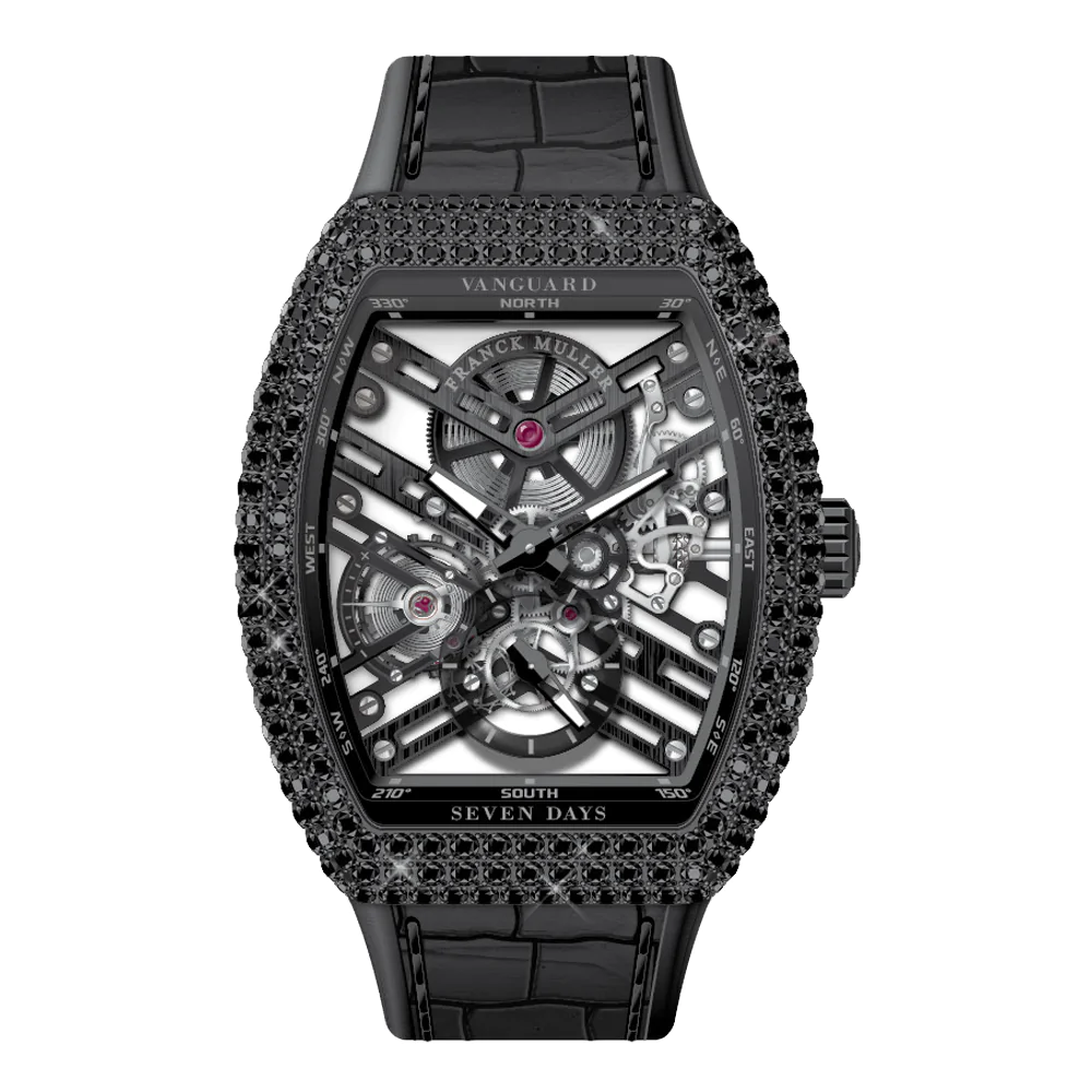 V41 Vanguard Skeleton Seven Days Stainless Steel Black Diamonds Case