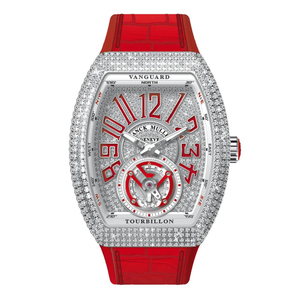 V41 Vanguard Tourbillon Stainless Steel White Diamonds Case and Dial - Red
