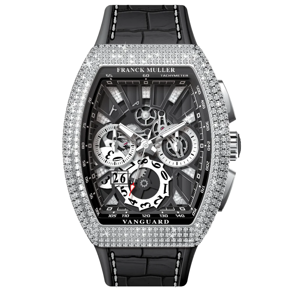 V45 Vanguard Chrono Grand Date Skeleton Stainless Steel White Diamonds Case and Index