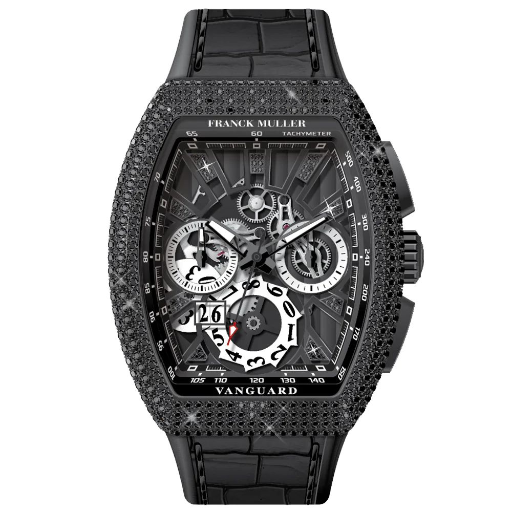 V45 Vanguard Chrono Grand Date Skeleton Black Stainless Steel Black Diamonds Case and Index