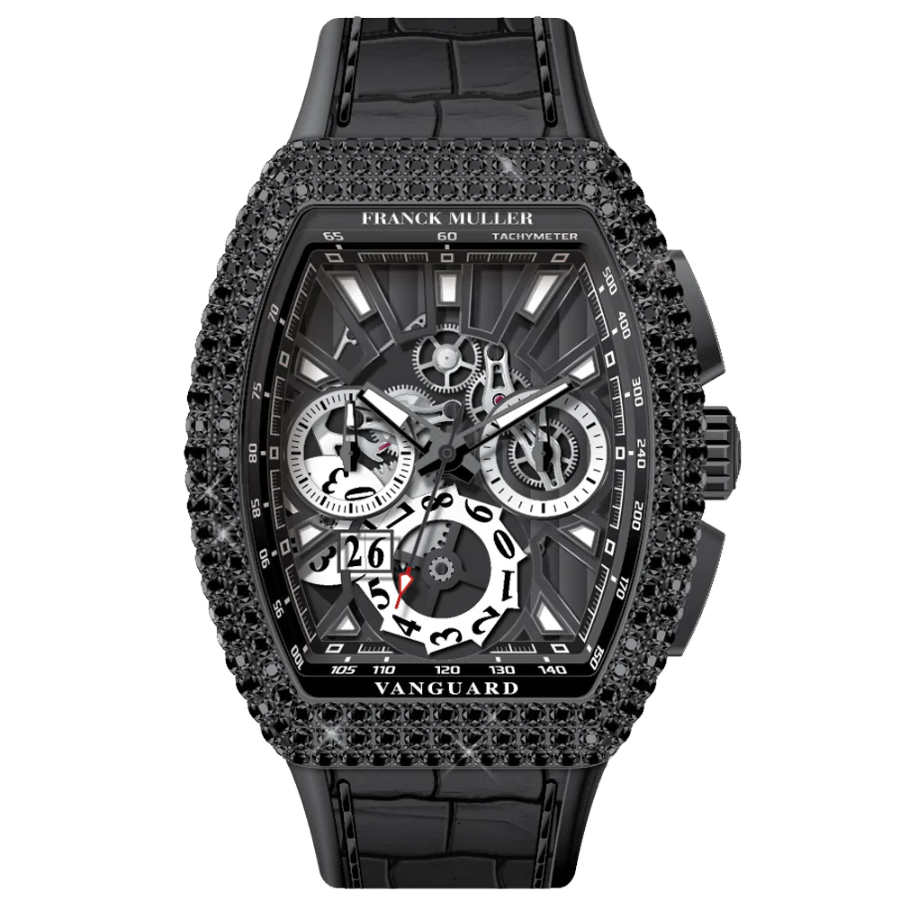 V45 Vanguard Chrono Grand Date Black Stainless Steel Black Diamonds Case Skeleton