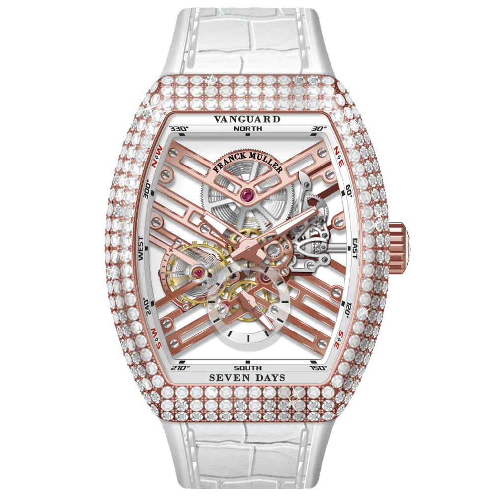 V45 Vanguard Rose Gold Seven Days White Diamonds Case Skeleton - White