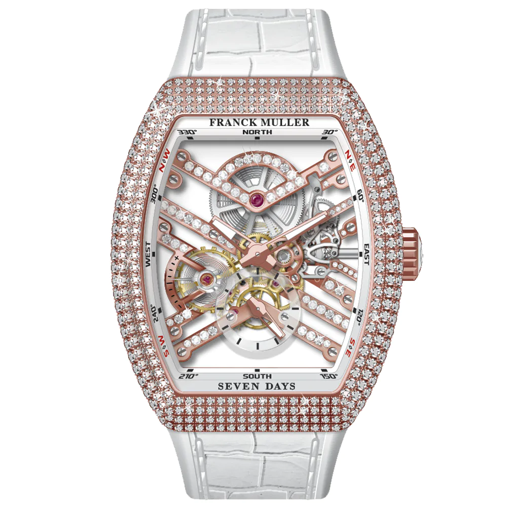 V45 Vanguard Rose Gold Seven Days White Diamonds Case and Skeleton Movement - White