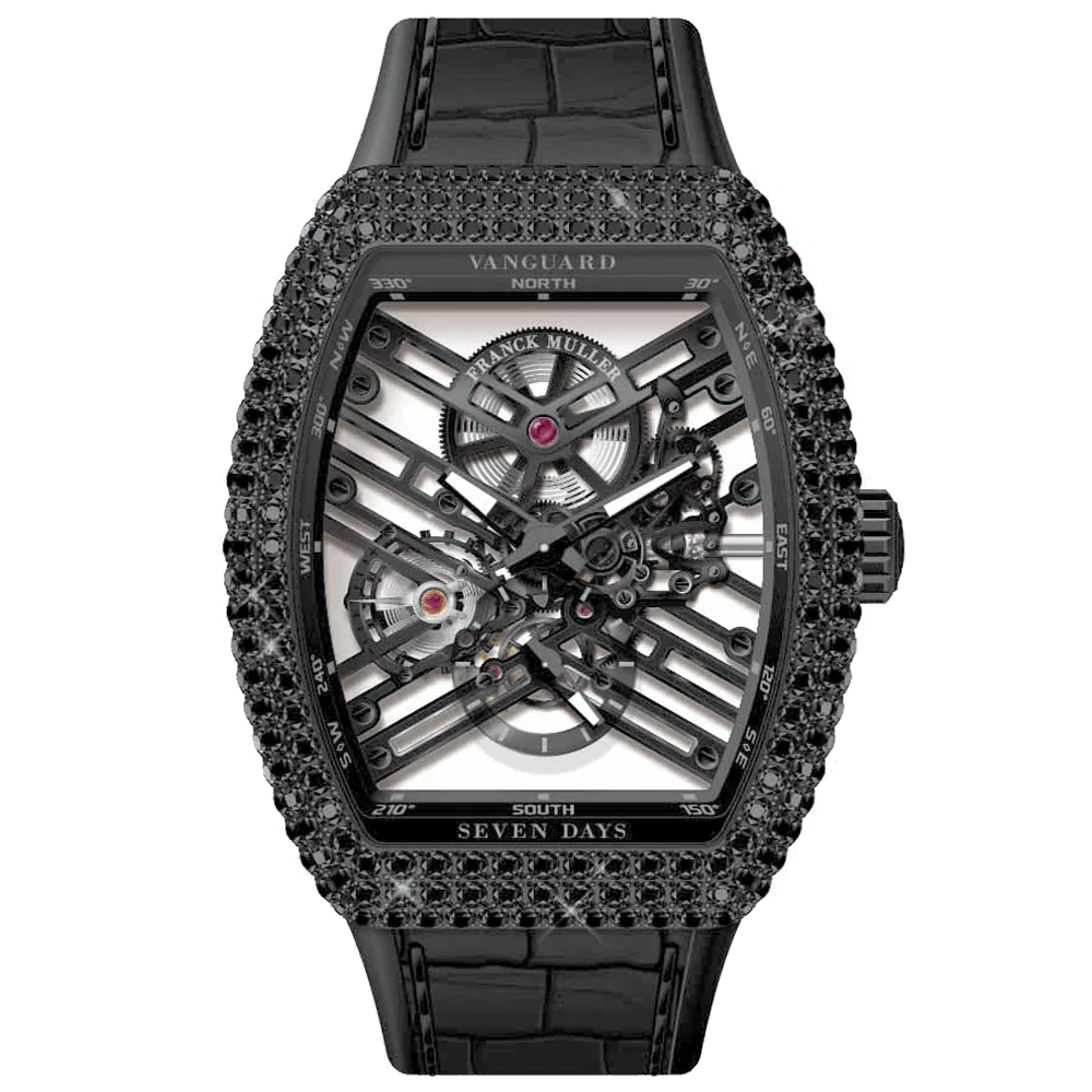 V45 Vanguard Black Stainless Steel Seven Days Skeleton Black Diamonds Case