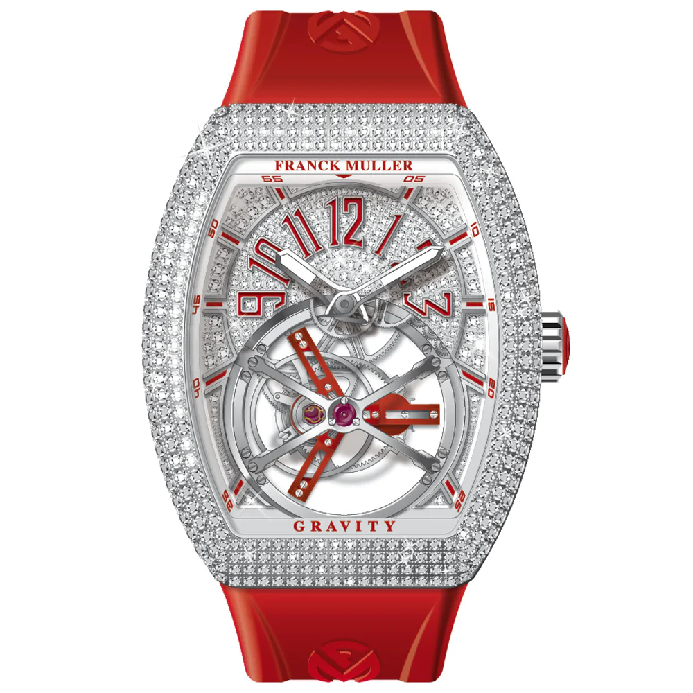 V45 Vanguard Gravity Tourbillon Stainless Steel Full Diamond - Red